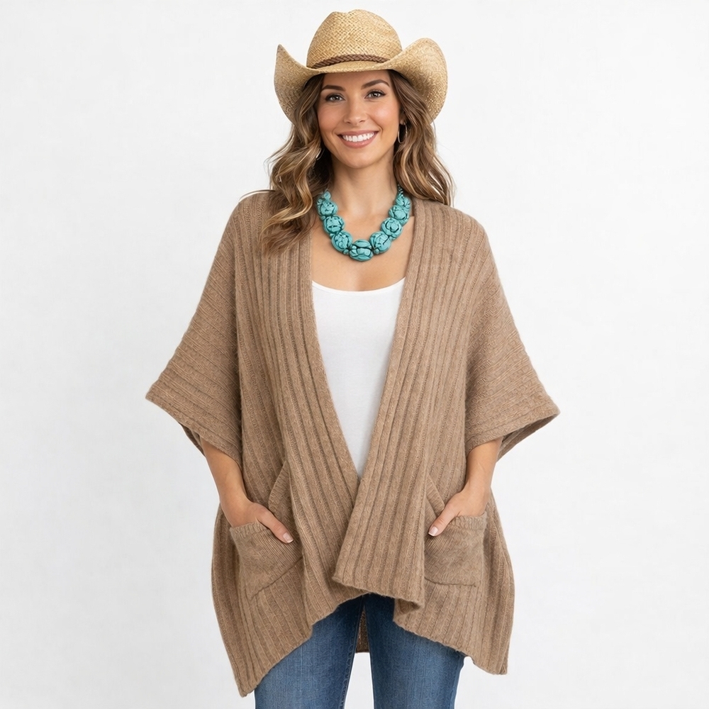 Cocogio Alpaca Blend Open Cardigan Poncho One Size Fits Most Tan Southwestern